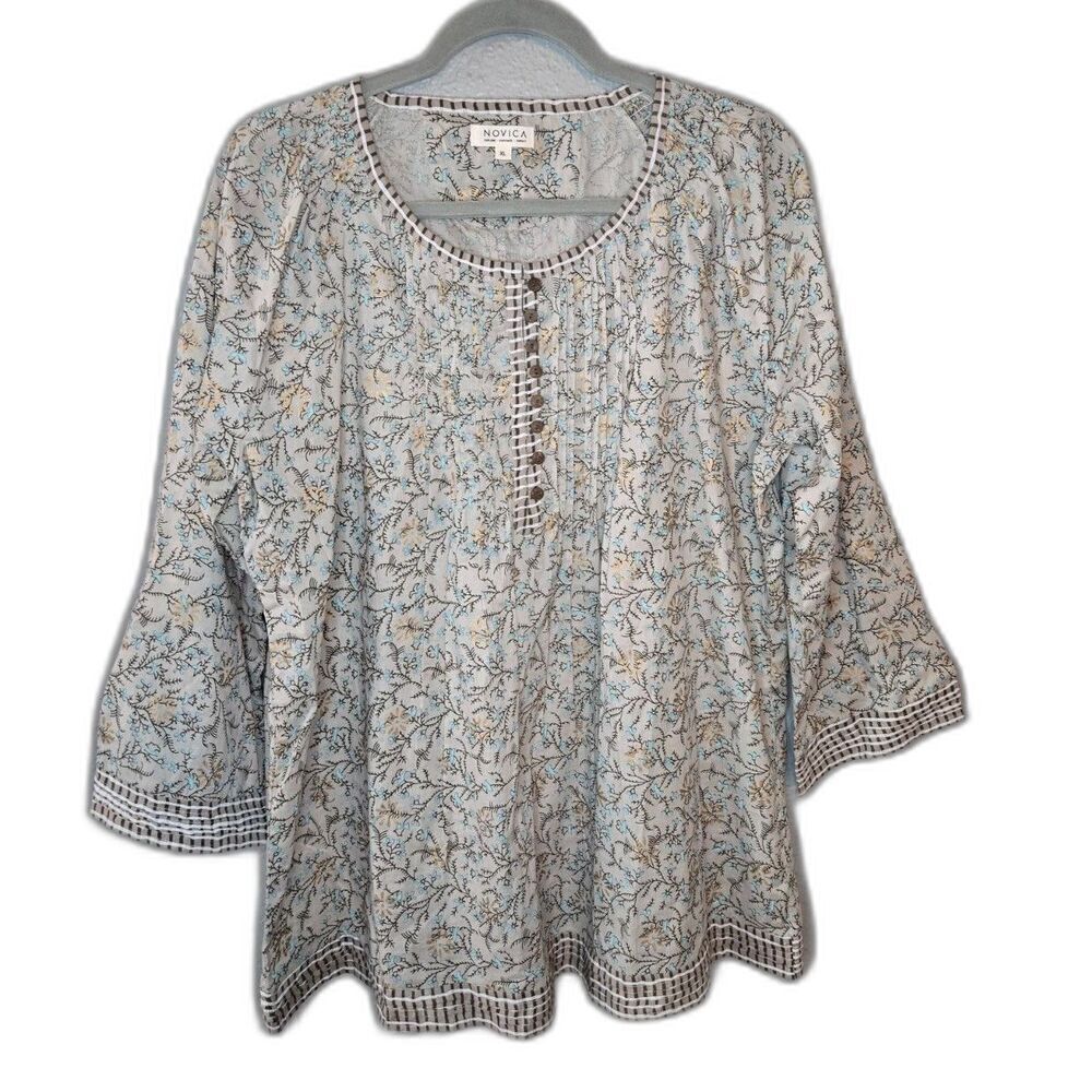 Novica Women's Tan Floral Boho 3/4 Sleeve Blouse Size XL